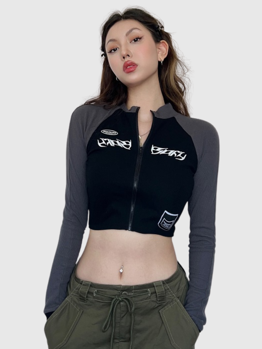 Lettering Print Long-Sleeve Crop Top