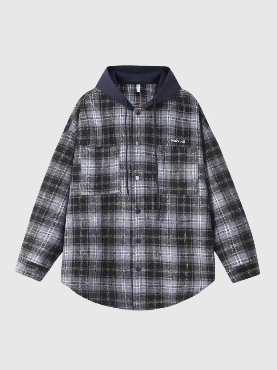Loose-Fit Buttoned Plaid Hooded Shirt
