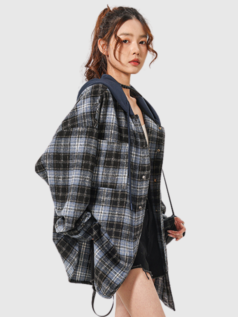 Loose-Fit Buttoned Plaid Hooded Shirt