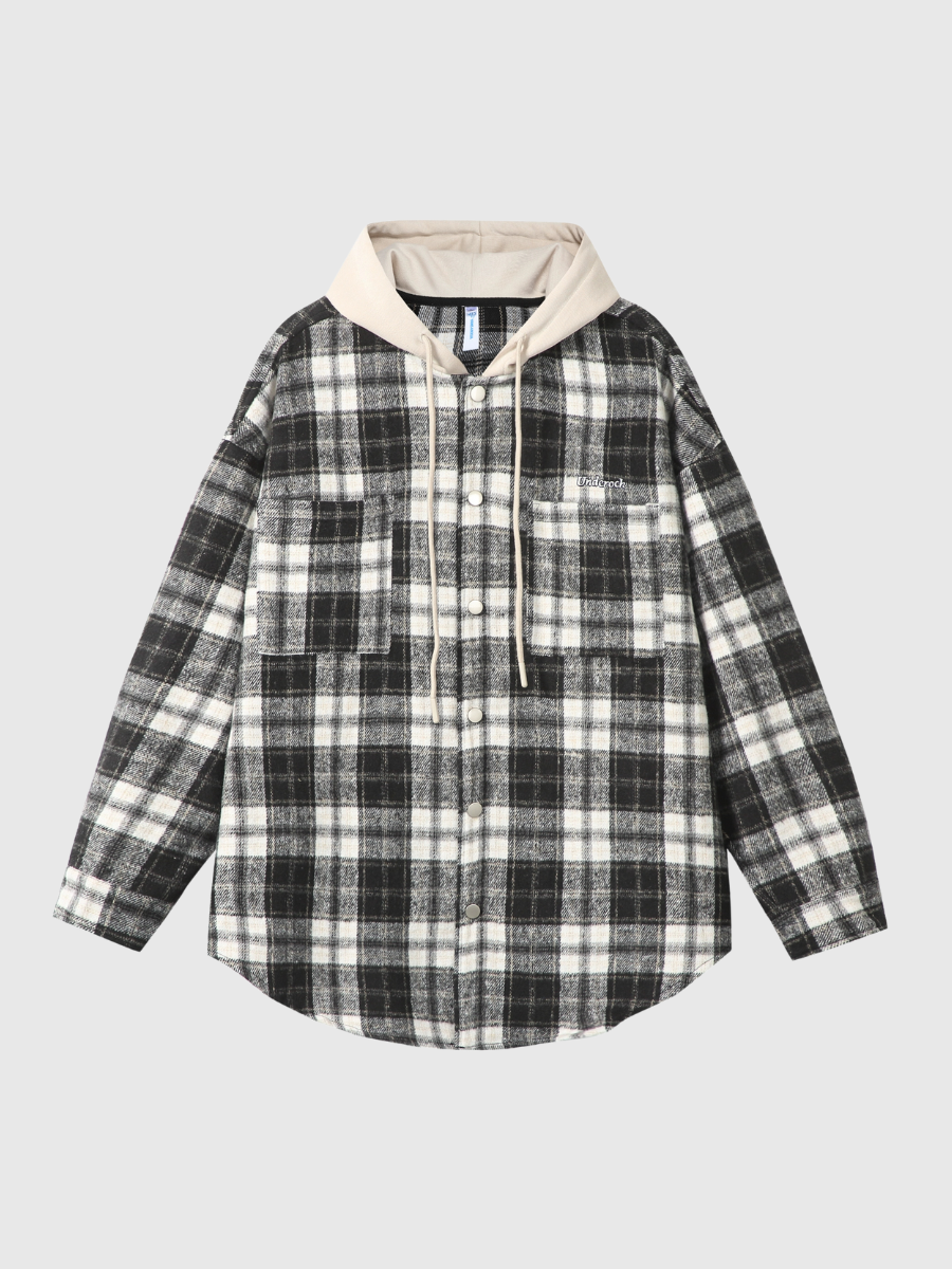 Loose-Fit Buttoned Plaid Hooded Shirt