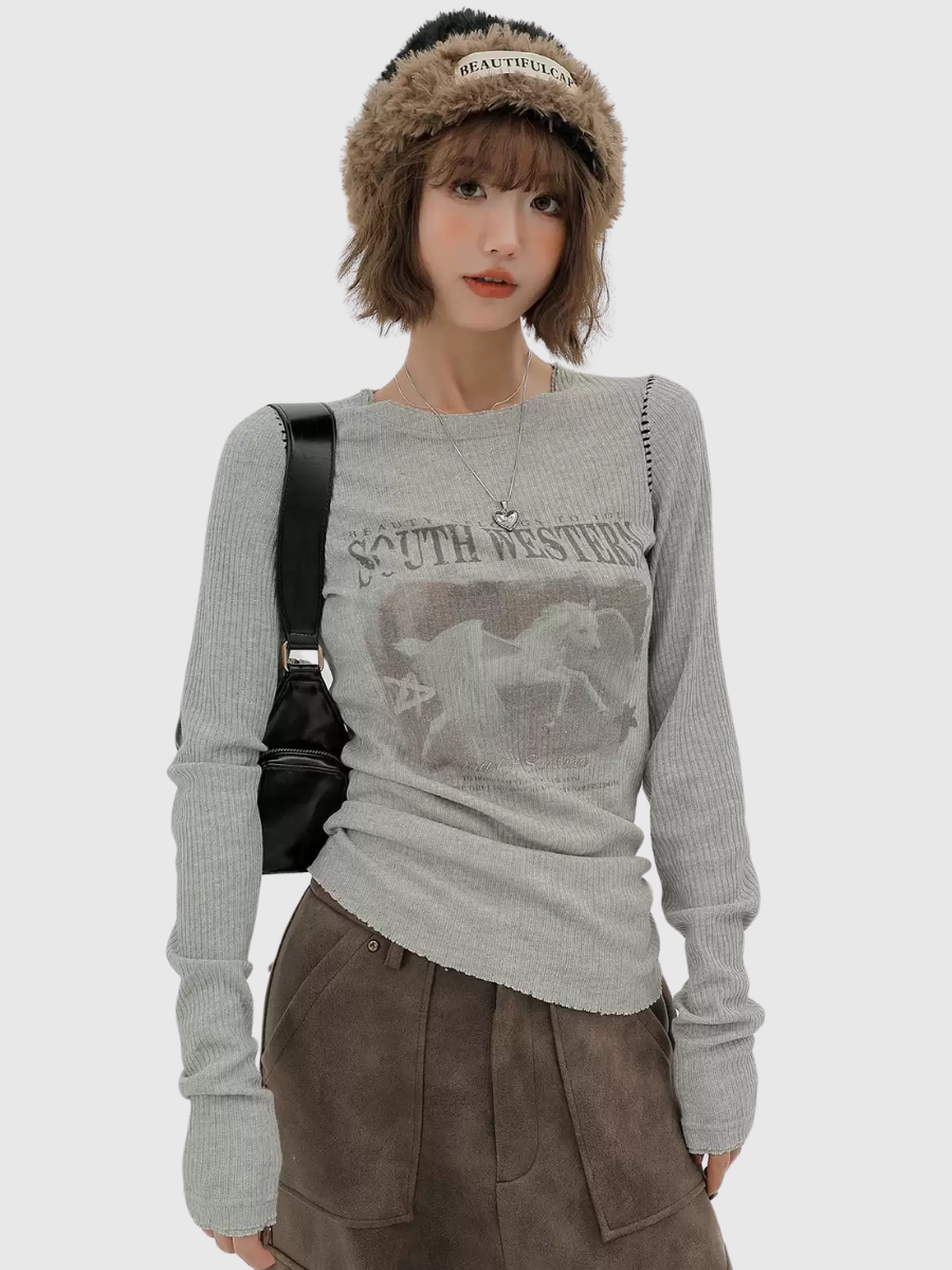 Vintage Print Graphic Long-Sleeve Top