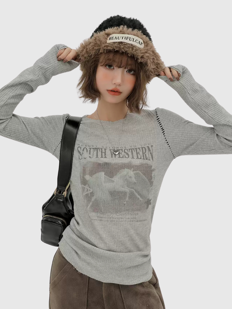 Vintage Print Graphic Long-Sleeve Top