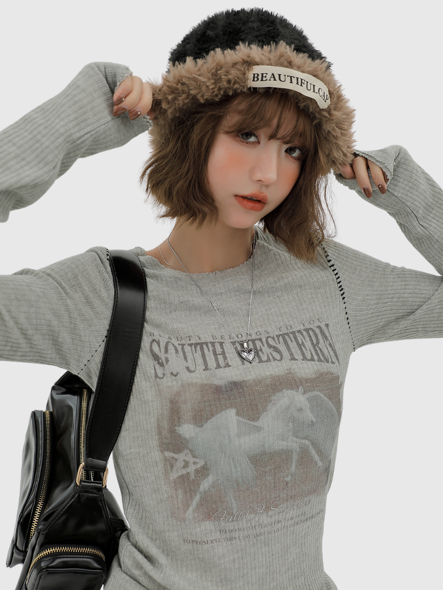 Vintage Print Graphic Long-Sleeve Top