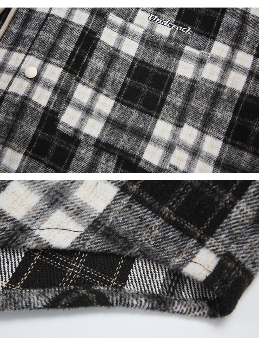 Loose-Fit Buttoned Plaid Hooded Shirt