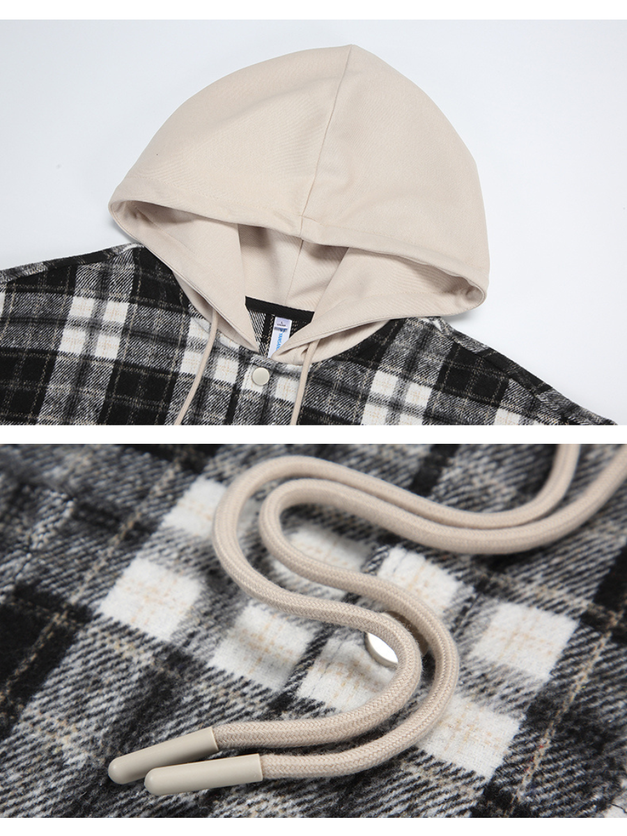 Loose-Fit Buttoned Plaid Hooded Shirt