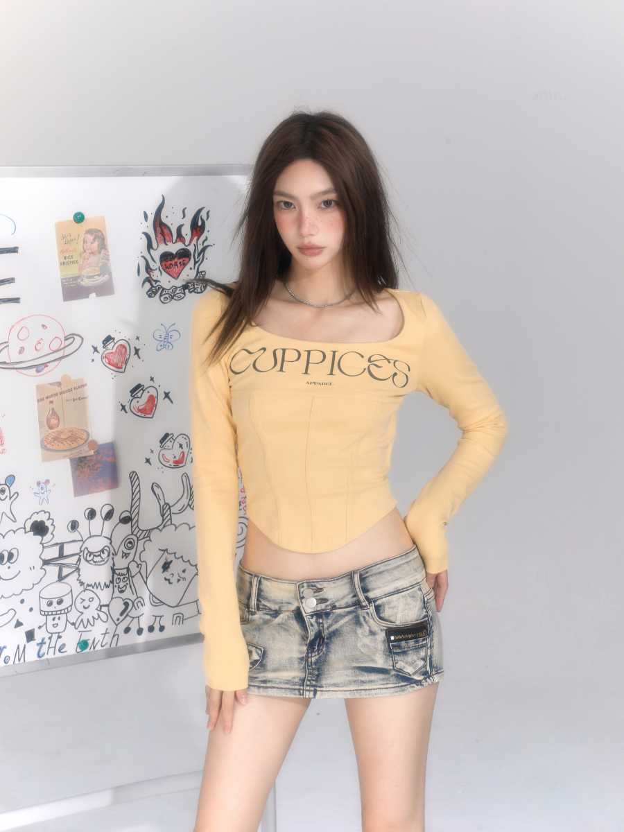 Vintage Herringbone Long Sleeve Crop Top