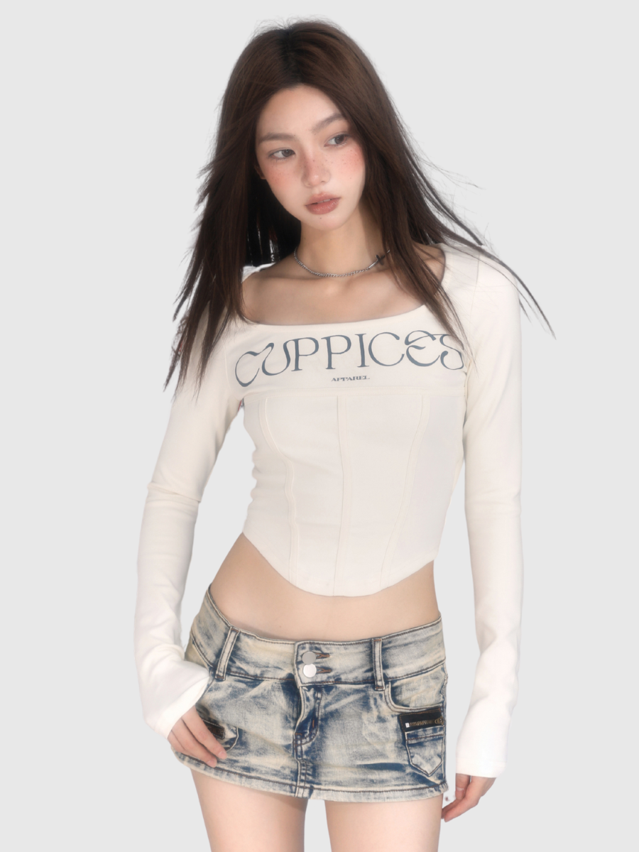 Vintage Herringbone Long Sleeve Crop Top