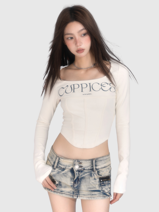 Vintage Herringbone Long Sleeve Crop Top