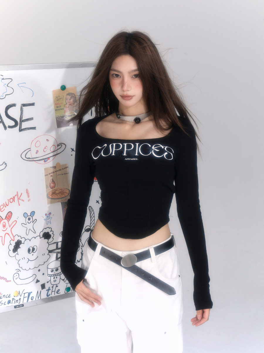 Vintage Herringbone Long Sleeve Crop Top