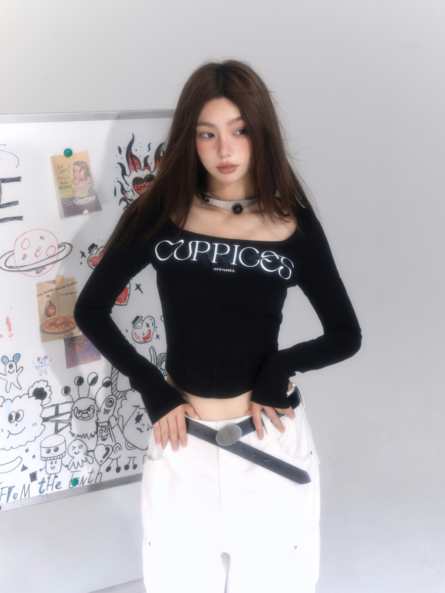 Vintage Herringbone Long Sleeve Crop Top
