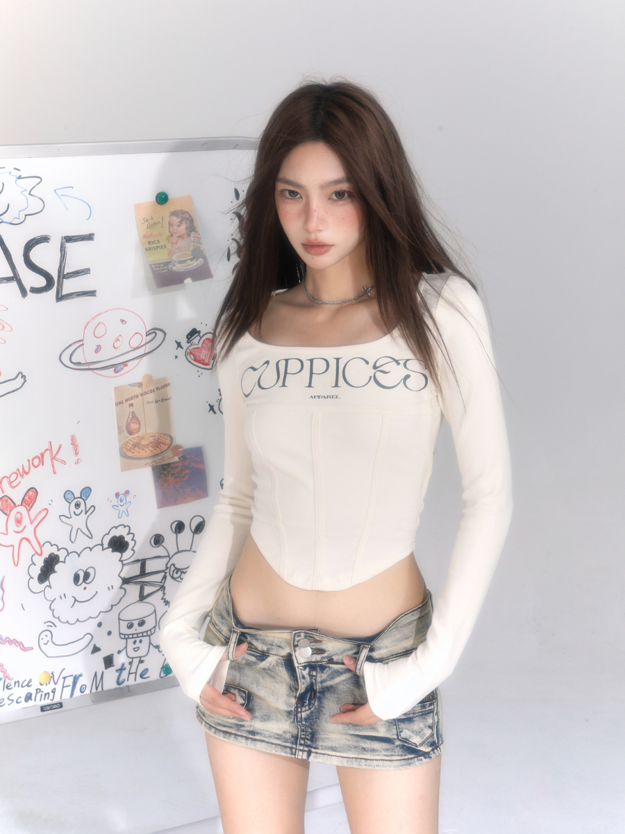 Vintage Herringbone Long Sleeve Crop Top