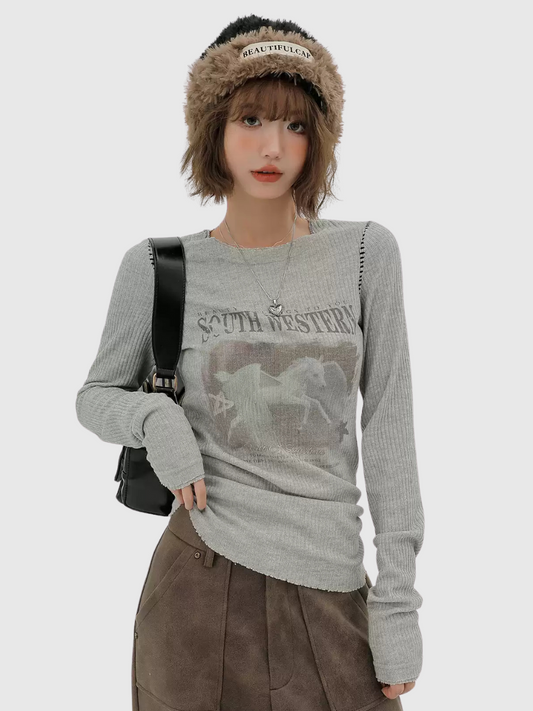 Vintage Print Graphic Long-Sleeve Top